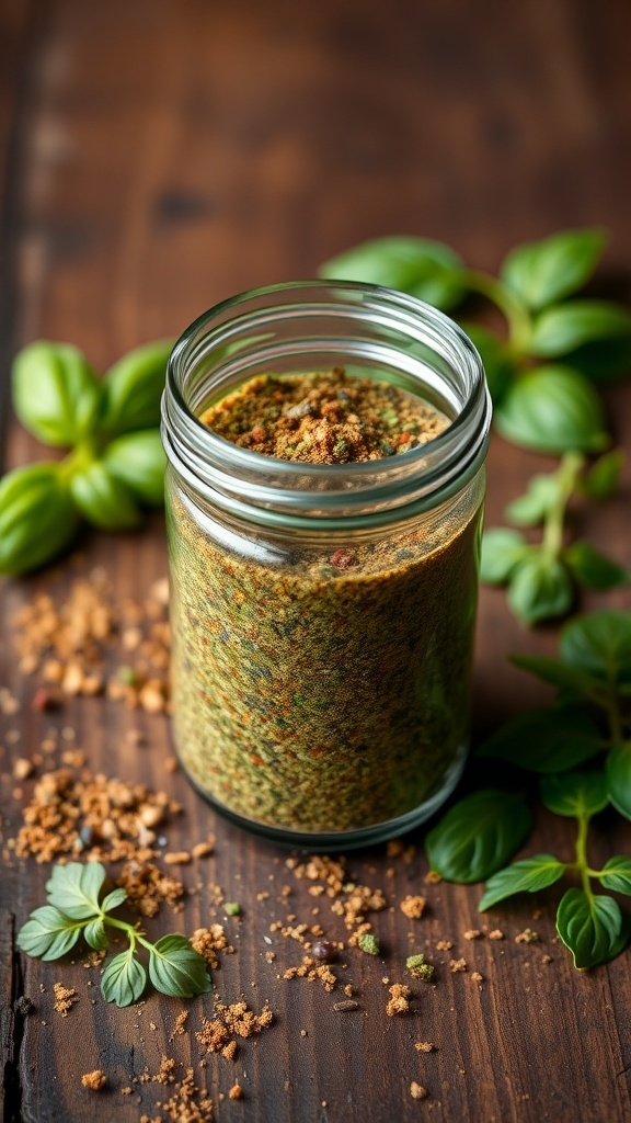 A jar of homemade Italian seasoning blend with fresh herbs on a wooden table.